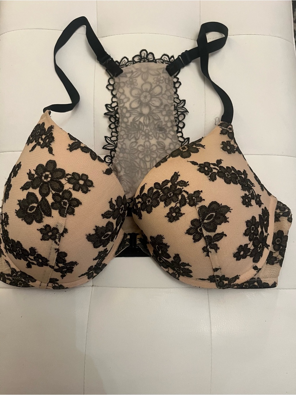 PINK Victoria's Secret Black Floral Lace Racerback Bra on Nude
